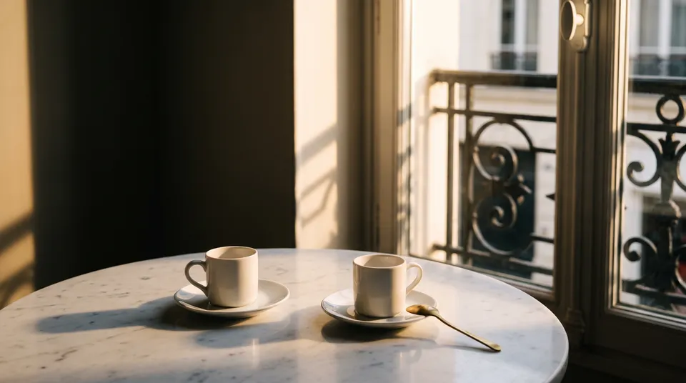 Deux tasses de café sur une table de marbre, près d’une fenêtre parisienne