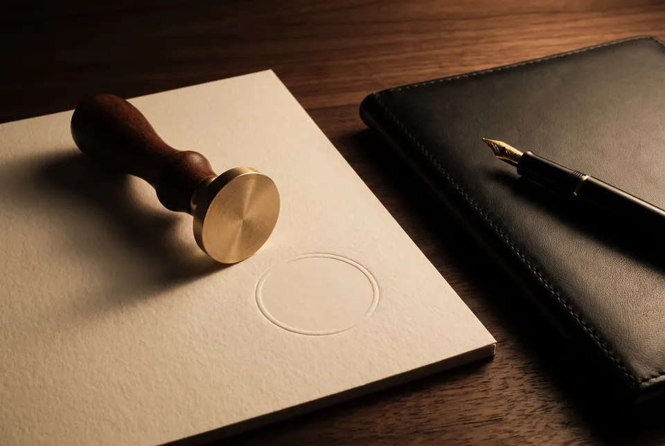 Sceau de société en laiton sur un papier de coton, porte-documents en cuir et stylo-plume