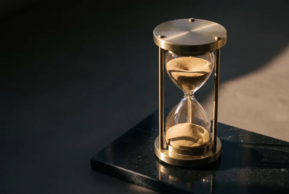 Sablier de laiton et de verre sur du marbre noir