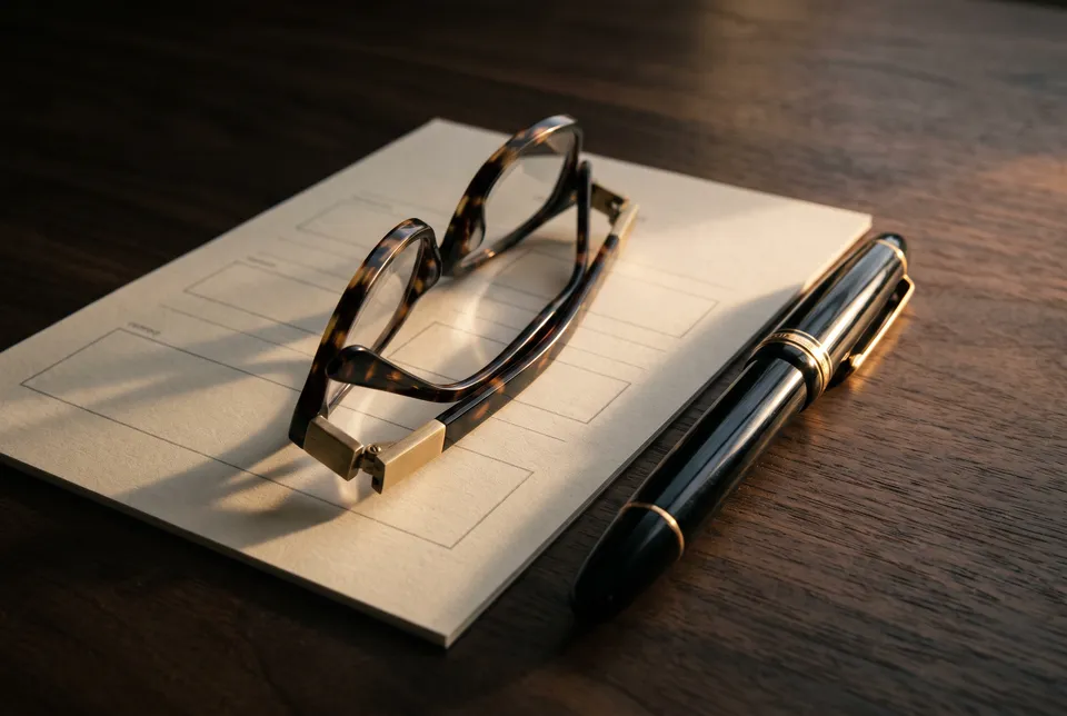 Lunettes en écaille sur une feuille à cases et stylo-plume