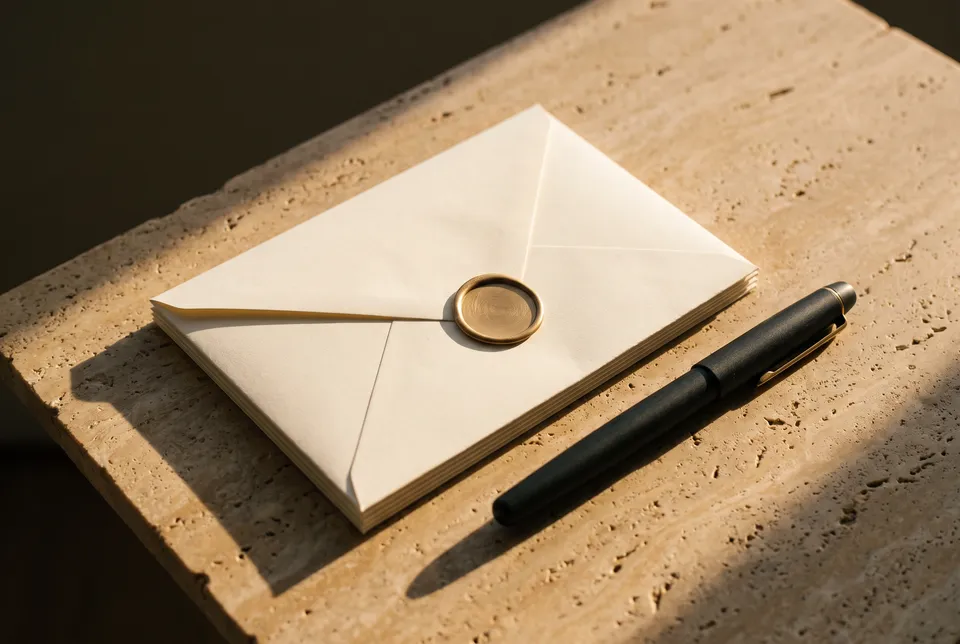Enveloppe cachetée et stylo-plume sur du travertin