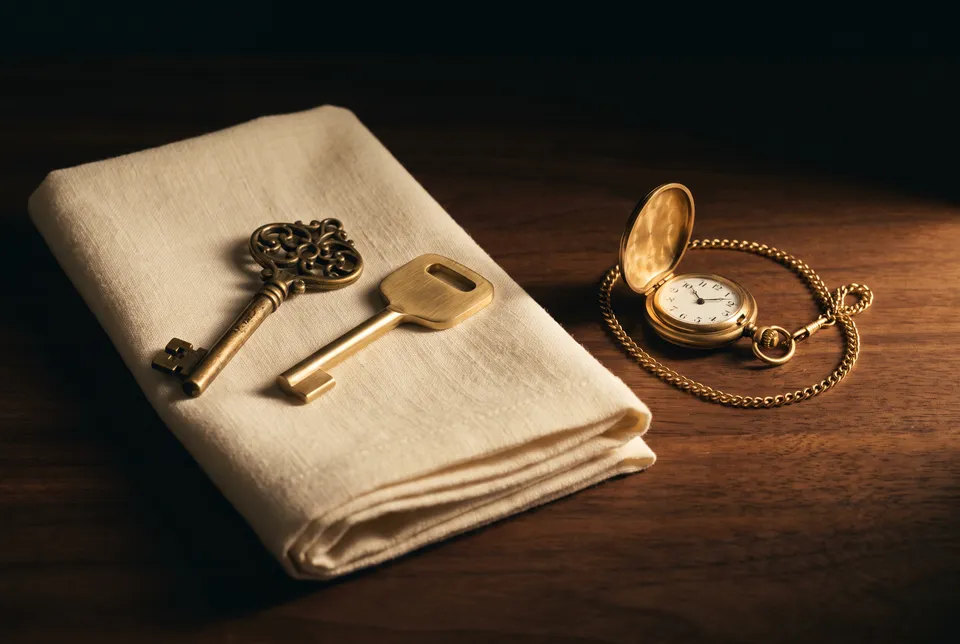 Clé ancienne, clé neuve et montre de gousset posées sur un lin ivoire